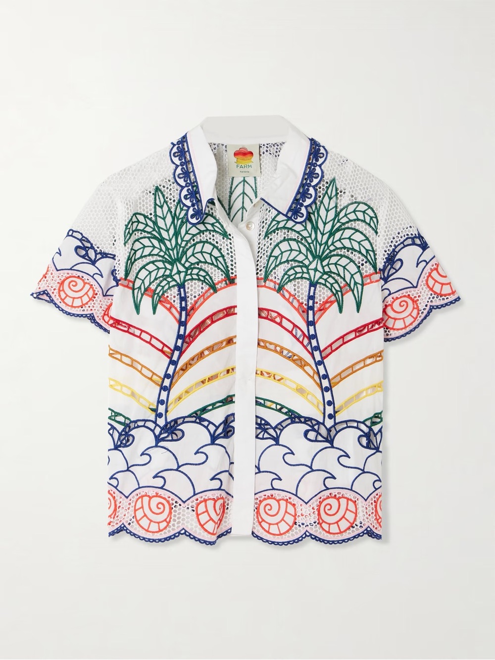 FARM Rio Embroidered Palm Button-Down Shirt -Tropical Graphic Richilieu Shirt